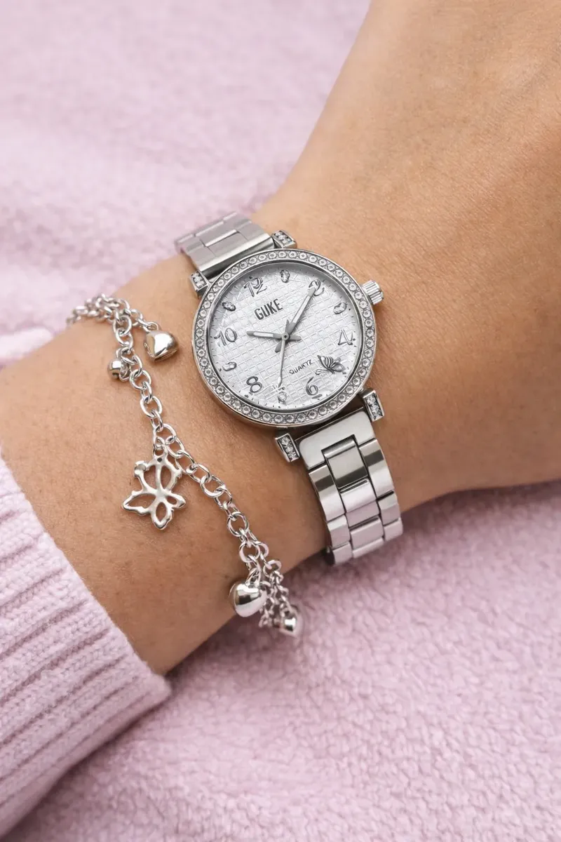 Relógio Feminino Elegante Com Pulseira Prata Presente Luxo