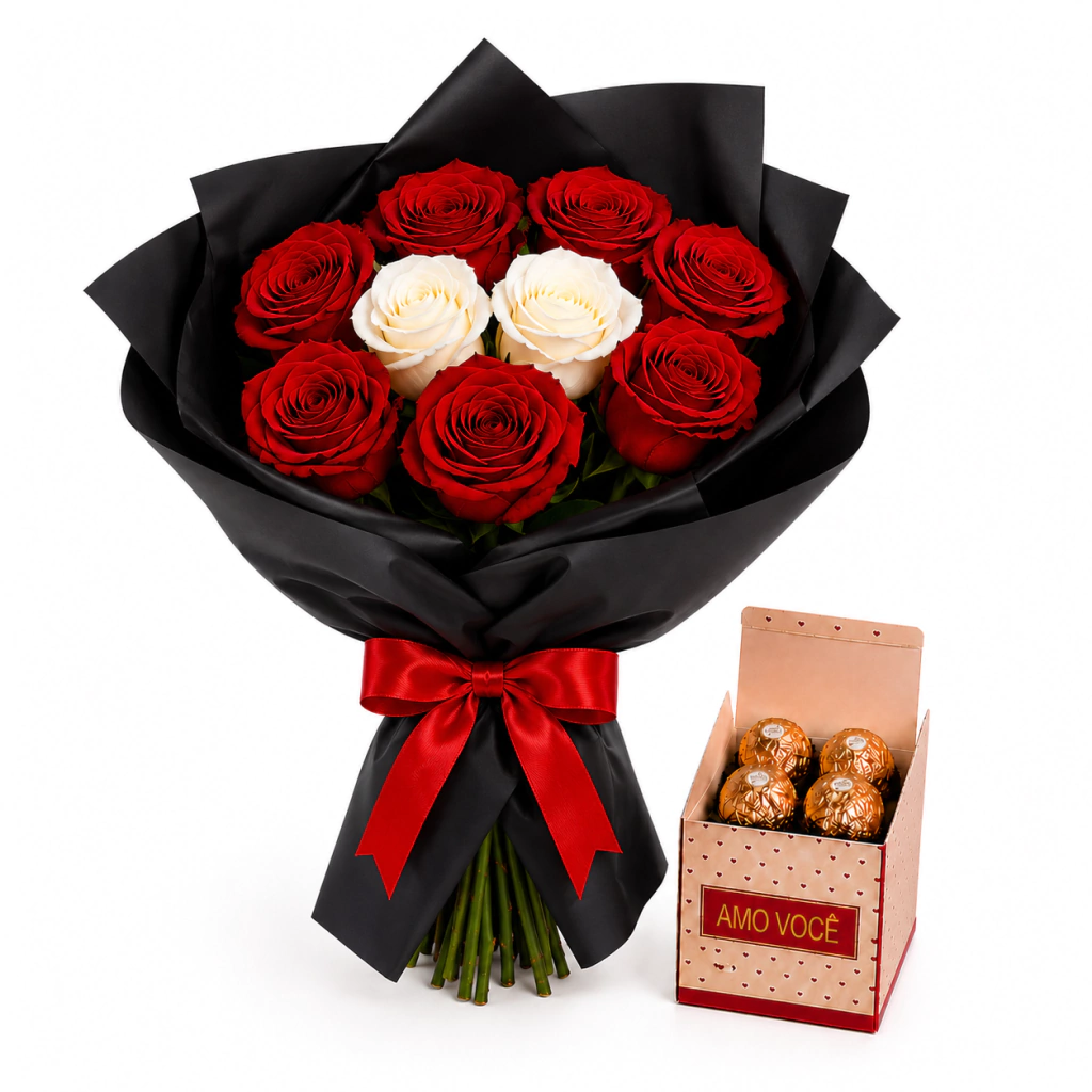 Buquê de 7 Rosas Vermelhas e 2 Rosas Brancas Importadas com Caixa Amo Você com Ferrero Rocher