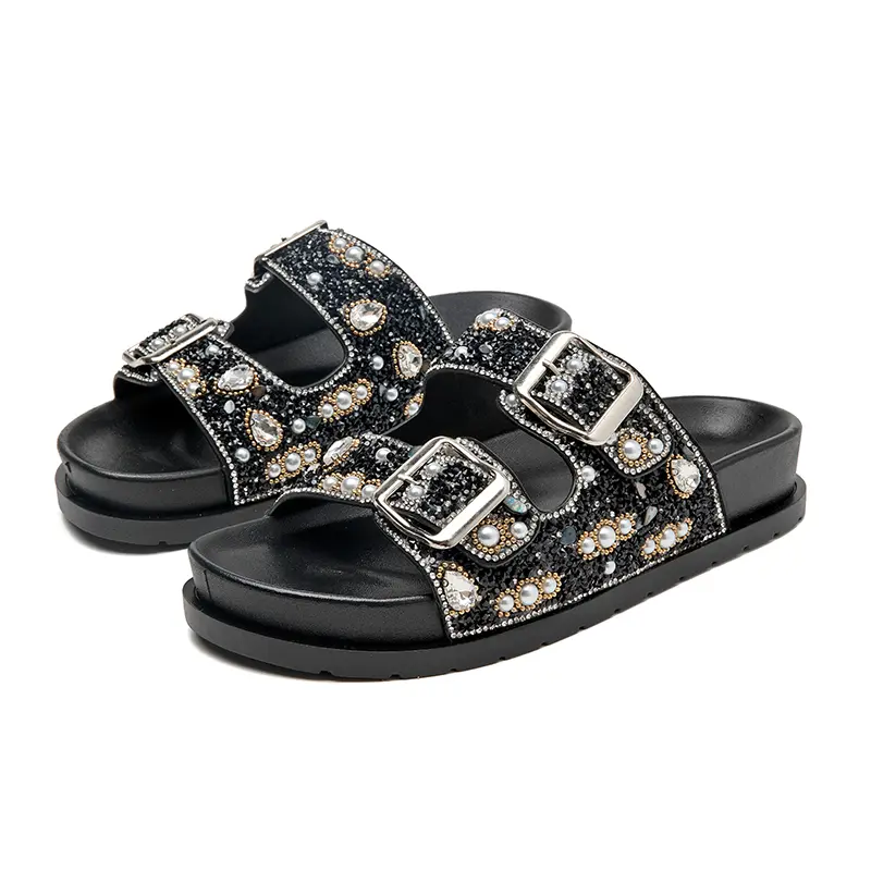 Sandália Birken Papete Feminina Luxo Strass e Pérolas com Duas Fivelas Ajustáveis Conforto Máximo Verão 2026 Meijile
