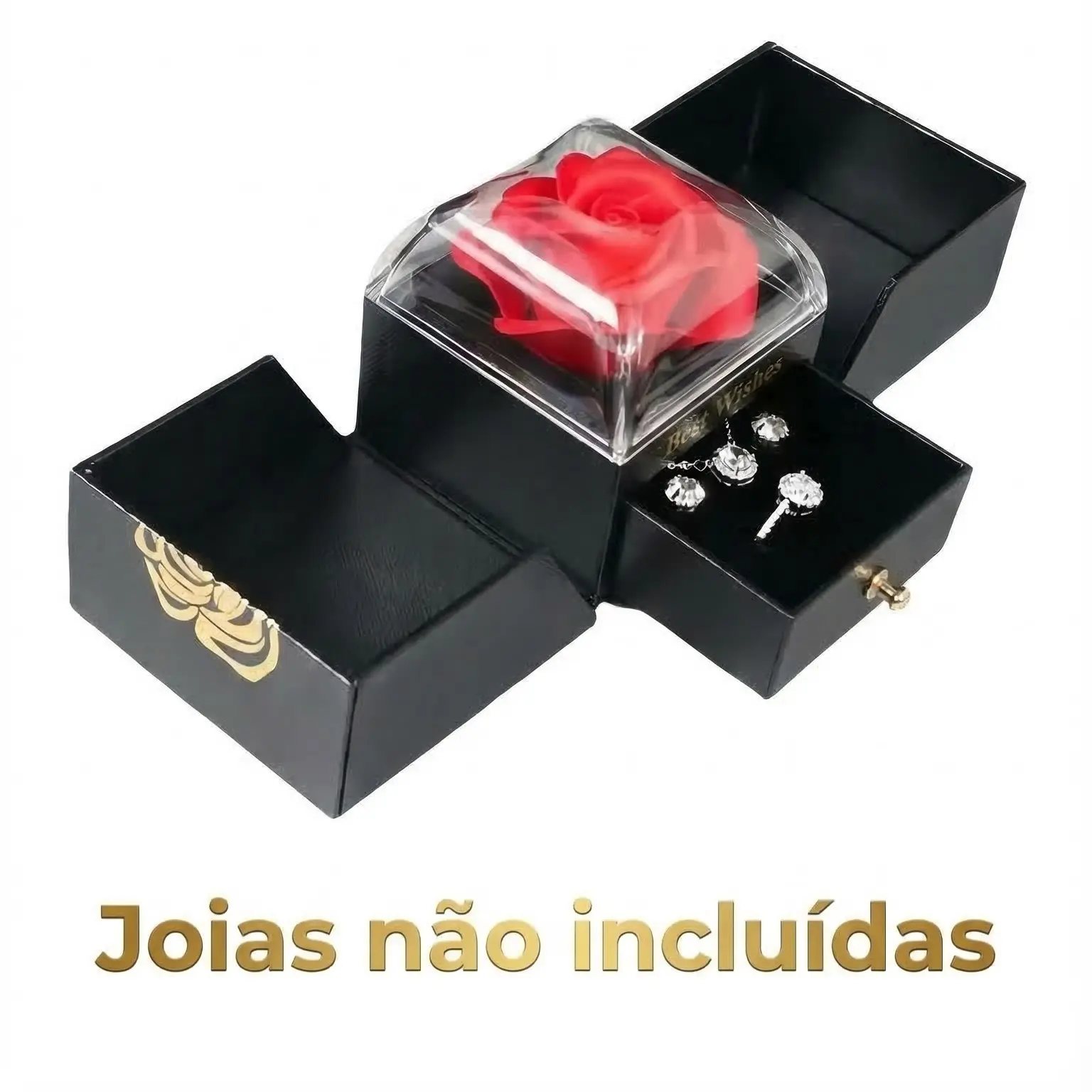 Caixa De Presente Rosa Eterna com Gaveta+ Sacola, Para Brincos, Anéis, Colares e Jóias De Casamento- Embalagem Display