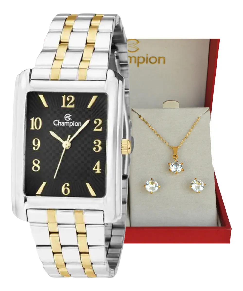 Relógio Champion Feminino Bicolor Quadrado + Colar E Brincos
