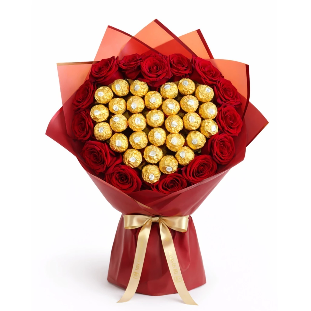Buquê de Rosas Importadas Coração de Ferrero