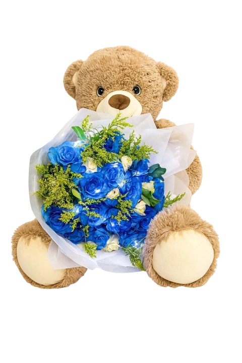 Buque de Rosas Azuis com Led + Urso Gigante