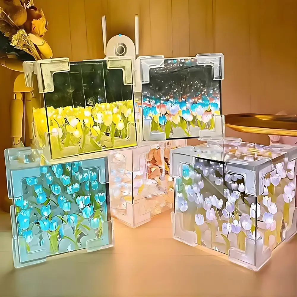 Criativo Luz de Tulipa Flor Cubo 3D Lâmpada Noturna Pacote De Material Para Namorada Casal Presente